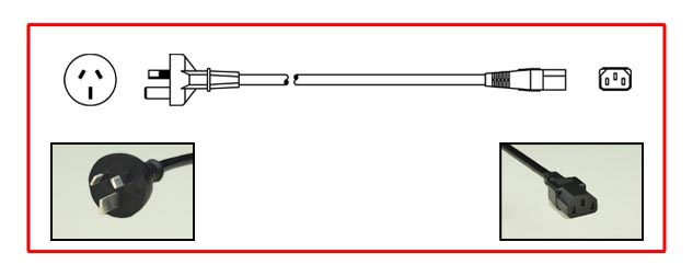 AUSTRALIA / NEW ZEALAND 15 AMPERE-250 VOLT POWER CORD, AS/NZS 4417 [RCM] / AS/NZS 3112 PLUG, TYPE I [AU2-15P], AS/NZS 60320 C-13 CONNECTOR, GTSA-3 1.5mm2 CORDAGE, 2 POLE-3 WIRE GROUNDING [2P+E], 2.5 METERS [8FT-2IN] [98"] LONG. BLACK.
<br><font color="yellow">Length: 2.5 METERS [8FT-2IN]</font>

<br><font color="yellow">Notes: </font> 
<br><font color="yellow">*</font> Australia has 3 plug/receptacle configurations rated 10A, 15A, 20A. Part #84175 15A plug connects with 15A & 20A receptacles only. For 10 Ampere applications use Part #84161.





