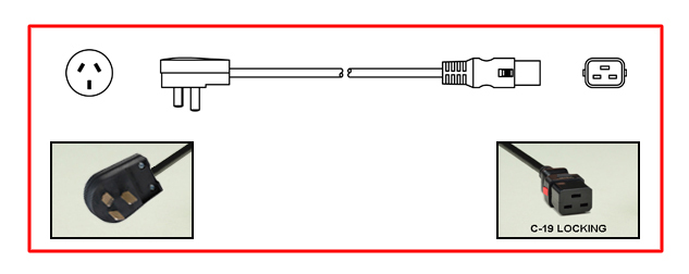 <font color="red">LOCKING</font> ARGENTINA 16A-250V POWER CORD, IRAM 2073 TYPE I PLUG [AR2-20P], IEC 60320 <font color="RED"> LOCKING C-19 CONNECTOR</font>, H05VV-F 1.5mm2 CONDUCTORS, 70C, 2 POLE-3 WIRE GROUNDING [2P+E], 2.5 METERS [8FT-2IN] [98"] LONG. BLACK.
<br><font color="yellow">Length: 2.5 METERS [8FT-2IN]</font>

<br><font color="yellow">Notes: </font> 
<br><font color="yellow">*</font> Locking C19 connector designed to securely lock onto all C20 inlets, C20 plugs, C20 power cords. 
<br><font color="yellow">*</font> Plug mates with Argentina 20A-250V (AR2-20R) # 84410, # 84410-BLK outlets. 
<br><font color="yellow">*</font> Plug mates with 16A-250V Universal power strips # 59208-C19H, # 59208-C19V, # 59208-C19BH, # 59208-C19BV.  
<br><font color="yellow">*</font> Argentina TYPE "I" plug designs and "polarity" are different from other countries that have similar TYPE "I" plug designs.
<br><font color="yellow">*</font> IEC 60320 C19 connector locks onto C20 power inlets or C20 plugs. [<font color="red"> Red color [slide release latch] unlocks the C19 connector.</font>] 
<br><font color="yellow">*</font><font color="orange">Custom lengths / designs available.</font>   
<br><font color="yellow">*</font> Scroll down to view Argentina plugs, outlets, GFCI/RCD sockets, power cords, power strips, plug adapters and related South America, European, International wiring devices.

 

 