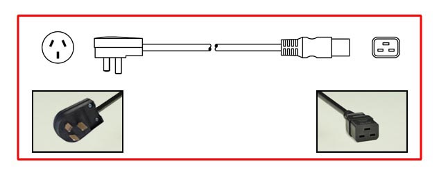 ARGENTINA 16 AMPERE-250 VOLT POWER CORD, IRAM 2073 TYPE I ANGLE PLUG [AR2-20P], IEC 60320 C-19 CONNECTOR, 2 POLE-3 WIRE GROUNDING [2P+E], 2.5 METERS [8FT-2IN] [98"] LONG. BLACK.
 
<br><font color="yellow">Notes: </font> 
<br><font color="yellow">*</font> Plug mates with Argentina 20A-250V (AR2-20R) # 84410, # 84410-BLK outlets. 
<br><font color="yellow">*</font> Plug mates with 16A-250V Universal power strips # 59208-C19H, # 59208-C19V, # 59208-C19BH, # 59208-C19BV.  
<br><font color="yellow">*</font> Argentina TYPE "I" plug designs and "polarity" are different from other countries that have similar TYPE "I" plug designs.
<br><font color="yellow">*</font> Scroll down to view Argentina plugs, outlets, GFCI/RCD sockets, power cords, power strips, plug adapters and related South America, European, International wiring devices.

