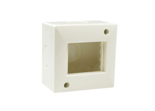 SURFACE MOUNT WALL BOX, IP40 RATED, ACCEPTS SOUTH AMERICA, EUROPEAN, INTERNATIONAL 37mmX50mm, 18.5mmX50mm SIZE MODULAR DEVICES, FOUR 25mm KNOCKOUTS. WHITE. 

<br><font color="yellow">Notes: </font> 
<br><font color="yellow">*</font> Accepts one 37mmX50mm device or two 18.5mmX50mm size devices.
<br><font color="yellow">*</font> Scroll down to view outlets, sockets, switches, surface mount boxes, IP55 rated weatherproof covers, weatherproof boxes, panel mount and DIN rail mount frames.
