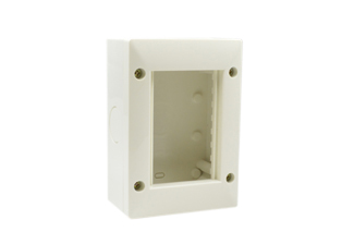 SURFACE MOUNT WALL BOX, IP40 RATED, ACCEPTS SOUTH AMERICA, EUROPEAN, INTERNATIONAL 75mmX50mm, 37mmX50mm, 18.5mmX50mm MODULAR SIZE DEVICES, FOUR 25mm KNOCKOUTS. WHITE.

<br><font color="yellow">Notes: </font> 
<br><font color="yellow">*</font> Accepts one 75mmX50mm, two 37mmX50mm, four 18.5mmX50mm or combinations of these devices.
<br><font color="yellow">*</font> Scroll down to view outlets, sockets, switches surface mount boxes, IP55 rated weatherproof covers, weatherproof boxes, panel mount and DIN rail mount frames.


 