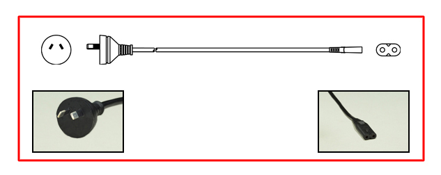 AUSTRALIA / NEW ZEALAND 2.5 AMPERE-250 VOLT POWER CORD, AS/NZS 4417 (RCM) / AS/NZS 3112 PLUG, TYPE I (AU1-10P), AS/NZS 60320 C-7 CONNECTOR, 0.75mm2 LTSA-2F CORD, 2 POLE-2 WIRE, 1.8 METERS (6 FEET) (72") LONG. BLACK.
<br><font color="yellow">Length: 1.8 METERS (6 FEET)</font>