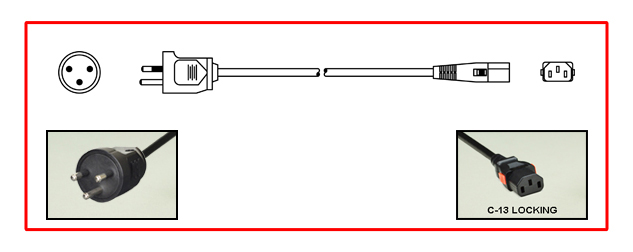 <font color="red">LOCKING</font> THAILAND 16 AMPERE-250 VOLT POWER CORD, TIS 166-2549 PLUG, TISI TYPE O [TH1-16P], IEC 60320 <font color="red">LOCKING C-13 CONNECTOR</font>, H05VV-F 1.0mm2 CONDUCTORS, 70C, 2 POLE-3 WIRE GROUNDING [2P+E], 2.5 METERS [8FT-2IN] [98"] LONG. BLACK.  
<br><font color="yellow">Length: 2.5 METERS [8FT-2IN]</font> 

<br><font color="yellow">Notes: </font> 
<BR><font color="yellow">*>>></font> TIS STANDARD 166-2549 Mandatory effective date November 2020.
<br><font color="yellow">*</font> Locking C13 connector designed to securely lock onto all C14 inlets, C14 plugs, C14 power cords.
<br><font color="yellow">*</font> IEC 60320 C-13 connector locks onto C14 power inlets. <font color="red">Slide buttons (red color) release (unlocks) the C-13 connector</font>.
<br><font color="yellow">*</font><font color="orange">Custom lengths / designs available.</font>  
<br><font color="yellow">*</font> Plug connects with Thailand TIS 2432-2555 Type O Sockets & International Universal Sockets. View:  <a href="https://internationalconfig.com/icc6.asp?item=85100X45D" style="text-decoration: none">Thailand Receptacles, Outlets </a>.
<br><font color="yellow">*</font> IEC 60320 C-13 locking power strips, C-13 locking panel mount outlet and additional C-13 locking power cords are listed below under related products.