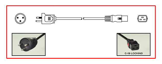 <font color="red">LOCKING</font> THAILAND 16 AMPERE-250 VOLT POWER CORD, TIS 166-2549 PLUG, TISI TYPE O [TH1-16P], IEC 60320 <font color="RED"> LOCKING C-19 CONNECTOR</font>, H05VV-F 1.5mm2 CONDUCTORS, 70C, 2 POLE-3 WIRE GROUNDING [2P+E], 2.5 METERS [8FT-2IN] [98"] LONG. BLACK.
<br><font color="yellow">Length: 2.5 METERS [8FT-2IN]</font>  

<br><font color="yellow">Notes: </font> 
<BR><font color="yellow">*>>></font> TIS STANDARD 166-2549 Mandatory effective date November 2020.
<br><font color="yellow">*</font> Locking C19 connector designed to securely lock onto all C20 inlets, C20 plugs, C20 power cords.
<br><font color="yellow">*</font> IEC 60320 C19 connector locks onto C20 power inlets or C20 plugs. (<font color="red"> Red color (slide release latch) unlocks the C19 connector.</font>
<br><font color="yellow">*</font><font color="orange">Custom lengths / designs available.</font>  
<br><font color="yellow">*</font> Plug connects with Thailand TIS 2432-2555 Type O Sockets & International Universal Sockets. View:  <a href="https://internationalconfig.com/icc6.asp?item=85100X45D" style="text-decoration: none">Thailand Receptacles, Outlets </a>.