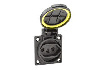 BRAZIL 20A-250V NBR 14136 TYPE N (BR3-20R), SOUTH AFRICA 16A-250V SANS 164-2 PANEL OR WALL BOX MOUNT POWER OUTLET (WITH GASKET) IP44 RATED, NYLON BODY, IMPACT RESISTANT, 2 POLE-3 WIRE GROUNDING (2P+E). BLACK. 

<br><font color="yellow">Notes: </font> 
<br><font color="yellow">*</font> Accepts Brazil 10 Ampere, 20 Ampere type N (NBR 14136) & South Africa 16 Ampere type N (SANS 164-2) plugs / power cords. 
<br><font color="yellow">*</font> Stainless steel wall plates #97120-BZ and #97120-DBZ mounts outlet onto standard American 2x4 and 4x4 wall boxes.
<br><font color="yellow">*</font> Not for use with #70125 wall box.
<br><font color="yellow">*</font> Optional panel mount terminal shield #70127 available.
<br><font color="yellow">*</font> Brazil plugs, outlets, connectors, power cords, socket strips, GFCI (RCD) outlets are listed below in related products. Scroll down to view.