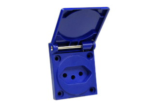 BRAZIL 10 AMPERE-250 VOLT PANEL OR WALL BOX MOUNT OUTLET (WITH GASKET), (NBR 14136 TYPE N (BR2-10R), IP54 RATED, 2 POLE-3 WIRE GROUNDING (2P+E). BLUE.

<br><font color="yellow">Notes: </font> 
<br><font color="yellow">*</font> Stainless steel wall plates #97120-BZ and #97120-DBZ mounts outlet onto standard American 2x4 and 4x4 wall boxes.
<br><font color="yellow">*</font> Not for use with #70125 wall box.
<br><font color="yellow">*</font> Optional panel mount terminal shield #70127 available. Limited space for wiring.
<br><font color="yellow">*</font> Brazil plugs, outlets, connectors, power cords, socket strips, GFCI (RCD) outlets are listed below in related products. Scroll down to view.

