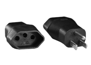 BRAZIL, S. AFRICA PLUG ADAPTER, 16 AMPERE-250 VOLT, CONNECTS BRAZIL 10A / 20A NBR 14136 PLUGS AND S. AFRICA SABS 164-2 16A-250V <font color="yellow"> TYPE N</font> PLUGS WITH AMERICAN 15A & 20A-125V NEMA 5-15R & 5-20R OUTLETS, 2 POLE-3 WIRE GROUNDING (2P+E). BLACK.

<br><font color="yellow">Notes: </font> 
<br><font color="yellow">*</font> Scroll down to view additional related products.
