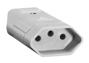 BRAZIL CONNECTOR, 10 AMPERE-250 VOLT NBR 14136 (BR2-10R) REWIREABLE IN-LINE CONNECTOR, 2 POLE-3 WIRE GROUNDING, CORD GRIP = 0.354" DIA., GRAY.