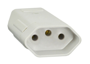 BRAZIL CONNECTOR, 10 AMPERE-250 VOLT NBR 14136 (BR2-10R) REWIREABLE IN-LINE CONNECTOR, 2 POLE-3 WIRE GROUNDING, CORD GRIP = 0.354" DIA., GRAY.