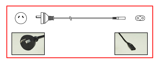 ARGENTINA 2.5 AMPERE-250 VOLT POWER CORD, IRAM 2073 TYPE I PLUG, IEC 60320 C-7 CONNECTOR, 2 POLE-2 WIRE (2P), 1.8 METERS (6 FEET) (72") LONG. BLACK.
<br><font color="yellow">Length: 1.8 METERS (6 FEET)</font>

<br><font color="yellow">Notes: </font> 
<br><font color="yellow">*</font> Argentina power cords are designed and approved for use in Argentina only. Argentina plug / outlet wiring systems (polarity) is different from other countries that have similar type "I" plug configuration designs.
 