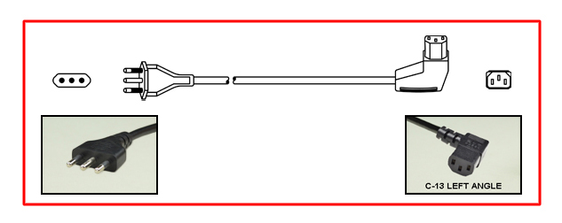 ITALIAN, ITALY, CHILE 10 AMPERE-250 VOLT DETACHABLE POWER CORD, TYPE L, CEI 23-50 [S11], CEI 23-16, [IT1-10P], IEC 60320 C-13 LEFT ANGLE CONNECTOR, 2 POLE-3 WIRE GROUNDING, 2.5 METERS [8FT-2IN] [98"] LONG. BLACK. COILED. 
<br><font color="yellow">Length: 2.5 METERS [8FT-2IN]</font>