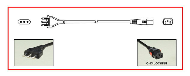 <font color="RED">LOCKING</font> ITALY [ITALIAN] 10 AMPERE-250 VOLT DETACHABLE POWER CORD, CEI 23-16/VII PLUG [IT1-10P], IEC 60320 <font color="RED">LOCKING C-13 CONNECTOR</font>, H05VV-F 1.0mm2 CONDUCTORS, 70C, 2 POLE-3 WIRE GROUNDING [2P+E], 2.5 METERS [8FT-2IN] [98"] LONG. BLACK.
<br><font color="yellow">Length: 2.5 METERS [8FT-2IN]</font>

<br><font color="yellow">Notes: </font> 
<br><font color="yellow">*</font> Locking C13 connector designed to securely lock onto all C14 inlets, C14 plugs, C14 power cords.
<br><font color="yellow">*</font> IEC 60320 C-13 connector locks onto C14 power inlets. (<font color="red">Slide buttons (red color) release (unlocks)the C-13 connector.</font>)
<br><font color="yellow">*</font><font color="orange">Custom lengths / designs available.</font>  
<br><font color="yellow">*</font> IEC 60320 C-13 locking power strips, C-13 locking panel mount outlet and additional C-13 locking power cords are listed below under related products.