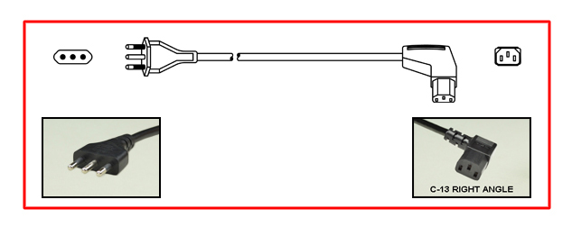 ITALIAN, ITALY, CHILE 10 AMPERE-250 VOLT DETACHABLE POWER CORD, TYPE L, CEI 23-50 [S11], CEI 23-16, [IT1-10P], IEC 60320 C-13 RIGHT ANGLE CONNECTOR, 2 POLE-3 WIRE GROUNDING, 2.5 METERS [8FT-2IN] [98"] LONG. BLACK. COILED. 
<br><font color="yellow">Length: 2.5 METERS [8FT-2IN]</font>