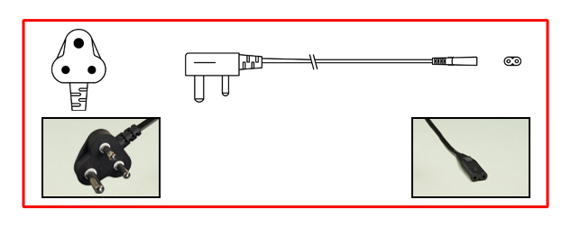 INDIA 2.5 AMPERE-250 VOLT POWER CORD, IS 1293, IS694 [UK3-16P] TYPE M PLUG, IEC 60320 C-7 CONNECTOR, 2 POLE-2 WIRE [2P], 1.8 METERS [6 FEET] [72"] LONG. BLACK.
<br><font color="yellow">Length: 1.8 METERS [6 FEET]</font>

<br><font color="yellow">Notes: </font> 
<br><font color="yellow">*</font> Type M plugs connect with India, South Africa type M 16A-250V outlets.
<br><font color="yellow">*</font> India, South Africa plugs, power cords, outlets, sockets, power strips, adapters listed below in related products. Scroll down to view.