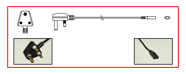 SOUTH AFRICA 2.5 AMPERE-250 VOLT POWER CORD <font color="yellow">**</font>, SANS 164-1, BS 546, [UK2-15P] TYPE M PLUG, IEC 60320 C-7 CONNECTOR, 2 POLE-2 WIRE [2P], 2.0 METERS [6FT-7IN] [79"] LONG, BLACK.
<br><font color="yellow">Length: 2.0 METERS [6FT-7IN]</font>

<br><font color="yellow">Notes: </font>
 <br><font color="yellow">**</font> SABS Approved [South Africa Bureau of Standards] 
<br><font color="yellow">*</font> Type M plugs connect with South Africa 15A/16A-250V outlets.
<br><font color="yellow">*</font> South Africa power cords, outlets, GFCI-RCD receptacles, sockets, plug adapters listed below in related products. Scroll down to view.

 