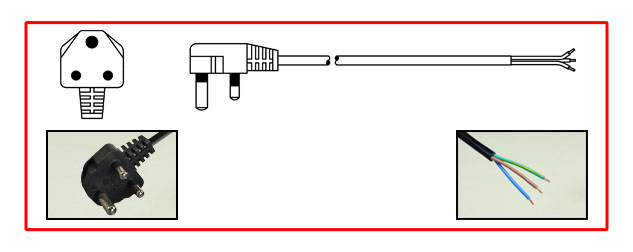 SOUTH AFRICA 6 AMPERE-250 VOLT POWER CORD <font color="yellow">**</font>, SANS 164-1, BS 546, [UK2-15P] TYPE M PLUG, STRIPPED ENDS, 2 POLE-3 WIRE GROUNDING [2P+E], 2.5 METERS [8FT-2IN] [98"] LONG, BLACK. 
<br><font color="yellow">Length: 2.5 METERS [8FT-2IN]</font>

<br><font color="yellow">Notes: </font>
<br><font color="yellow">**</font> SABS Approved [South Africa Bureau of Standards] 
<br><font color="yellow">*</font> Type M plugs connect with South Africa 15A/16A-250V outlets.
<br><font color="yellow">*</font> South Africa, plugs, power cords, outlets, sockets, power strips, adapters listed below in related products. Scroll down to view.
