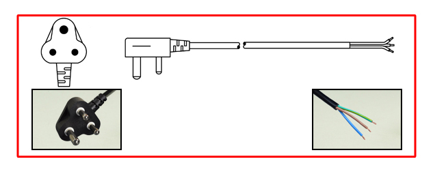 SOUTH AFRICA 10 AMPERE-250 VOLT POWER CORD <font color="yellow">**</font>, SANS 164-1, BS 546, [UK2-15P] TYPE M PLUG, STRIPPED ENDS, 2 POLE-3 WIRE GROUNDING [2P+E], 2.5 METERS [8FT-2IN] [98"] LONG, BLACK. 
<br><font color="yellow">Length: 2.5 METERS [8FT-2IN]</font>

<br><font color="yellow">Notes: </font>
<br><font color="yellow">**</font> SABS Approved [South Africa Bureau of Standards] 
<br><font color="yellow">*</font> Type M plugs connect with South Africa 15A/16A-250V outlets.
<br><font color="yellow">*</font> South Africa, plugs, power cords, outlets, sockets, power strips, adapters listed below in related products. Scroll down to view.
