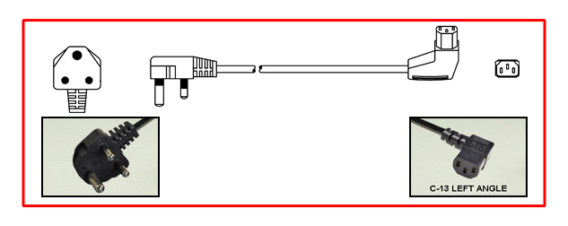 SOUTH AFRICA 10 AMPERE-250 VOLT POWER CORD <font color="yellow">**</font>, SANS 164-1, BS 546, [UK2-15P] TYPE M PLUG, LEFT ANGLE IEC 60320 C-13 CONNECTOR, 2 POLE-3 WIRE GROUNDING [2P+E], 2.5 METERS [8FT-2IN] [98"] LONG, BLACK. 
<br><font color="yellow">Length: 2.5 METERS [8FT-2IN]</font>

<br><font color="yellow">Notes: </font>
<br><font color="yellow">**</font> SABS Approved [South Africa Bureau of Standards]
<br><font color="yellow">*</font> Type M plugs connect with South Africa 15A/16A-250V outlets.
<br><font color="yellow">*</font> South Africa, plugs, power cords, outlets, sockets, power strips, adapters listed below in related products. Scroll down to view.
