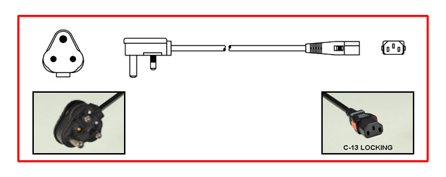 <font color="red">LOCKING</font> SOUTH AFRICA 10 AMPERE-250 VOLT POWER CORD, SANS 164-1, BS 546, [UK2-15P] TYPE M PLUG, IEC 60320 <font color="red">LOCKING C-13 CONNECTOR</font>, H05VV-F 1.0mm CONDUCTORS, 70C, 2 POLE-3 WIRE GROUNDING [2P+E], 2.5 METERS [8FT-2IN] [98"] LONG, BLACK.
<br><font color="yellow">Length: 2.5 METERS [8FT-2IN]</font>

<br><font color="yellow">Notes: </font> 
<br><font color="yellow">*</font> Locking C13 connector designed to securely lock onto all C14 inlets, C14 plugs, C14 power cords.
<br><font color="yellow">*</font> Type M plugs connect with South Africa 15A/16A-250V outlets.
<br><font color="yellow">*</font> IEC 60320 C-13 connector locks onto C13 power inlets. <font color="red">Slide buttons (red color) release (unlocks) the C-13 connector</font>.
<br><font color="yellow">*</font><font color="orange">Custom lengths / designs available.</font>  
<br><font color="yellow">*</font> IEC 60320 C-13 locking power strips, C-13 locking panel mount outlet are listed below under related products.
<br><font color="yellow">*</font> South Africa plugs, power cords, outlets, sockets, power strips, adapters listed below in related products. Scroll down to view.
