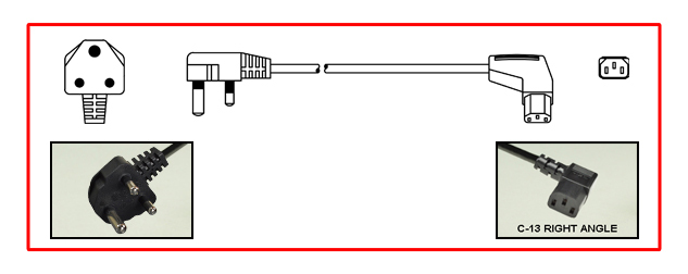 SOUTH AFRICA 10 AMPERE-250 VOLT POWER CORD <font color="yellow">**</font>, SANS 164-1, BS 546, [UK2-15P] TYPE M PLUG, RIGHT ANGLE IEC 60320 C-13 CONNECTOR, 2 POLE-3 WIRE GROUNDING [2P+E], 2.5 METERS [8FT-2IN] [98"] LONG, BLACK. 
<br><font color="yellow">Length: 2.5 METERS [8FT-2IN]</font>

<br><font color="yellow">Notes: </font>
<br><font color="yellow">**</font> SABS Approved [South Africa Bureau of Standards]
<br><font color="yellow">*</font> Type M plugs connect with South Africa 15A/16A-250V outlets.
<br><font color="yellow">*</font> South Africa, plugs, power cords, outlets, sockets, power strips, adapters listed below in related products. Scroll down to view.
