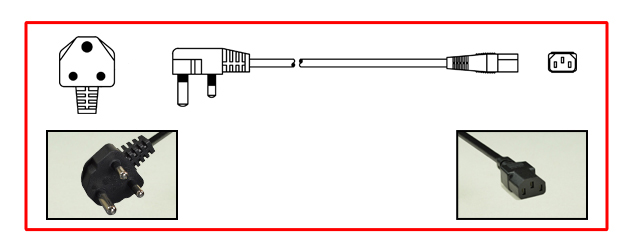 SOUTH AFRICA 10 AMPERE-250 VOLT  "SHIELDED" POWER CORD, SANS 164-1, BS 546, [UK2-15P], TYPE M PLUG, IEC 60320 C-13 CONNECTOR, 2 POLE-3 WIRE GROUNDING [2P+E], 2.5 METERS [8FT-2IN] [98"] LONG, BLACK. 
<br><font color="yellow">Length: 2.5 METERS [8FT-2IN]</font>

<br><font color="yellow">Notes: </font> 
<br><font color="yellow">*</font> Type M plugs connect with South Africa 15A/16A-250V outlets.
<br><font color="yellow">*</font> South Africa, plugs, power cords, outlets, sockets, power strips, adapters listed below in related products. Scroll down to view.


  