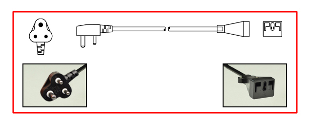 SOUTH AFRICA, INDIA 5/6 AMPERE-250 VOLT POWER CORD, BS 546, <font color="yellow">SANS 164-3 [UK3-5P], TYPE D PLUG, </font> LOCKING CONNECTOR, 2 POLE-3 WIRE GROUNDING [2P+E], 2.44 METERS [8 FEET] [96"] LONG. BLACK.
<br><font color="yellow">Length: 2.44 METERS [8 FEET]</font>

<br><font color="yellow">Notes: </font> 
<br><font color="yellow">*</font> Locking connector connects with #58206, #58205 power strip inlet. Locks onto power inlet and prevents accidental disconnects.