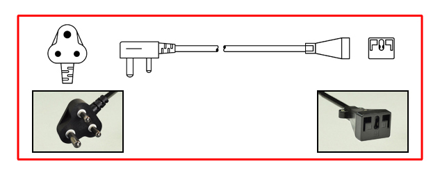 SOUTH AFRICA, INDIA 15 AMPERE-250 VOLT POWER CORD, BS 546, <font color="yellow">SANS 164-1 (UK2-15P ), TYPE M PLUG,</font> LOCKING CONNECTOR, 2 POLE-3 WIRE GROUNDING (2P+E), 2.44 METERS (8 FEET) (96") LONG. BLACK.

<br><font color="yellow">Notes: </font> 
<br><font color="yellow">*</font> Locking connector connects with #58206, #58205 power strip inlet. Locks onto power inlet and prevents accidental disconnects.