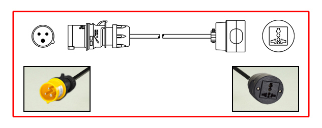 ADAPTER, IEC 60309 (4h) PLUG, UNIVERSAL MULTI-CONFIGURATION IN-LINE CONNECTOR, 2P+E, 16 AMPERE 125 VOLT, 50/60 Hz, 1.5mm2 H05VV-F CORDAGE, 0.3 METERS (1 FOOT) (12") LONG. YELLOW PLUG, BLACK CORD AND CONNECTOR.
<br><font color="yellow">Length: 0.3 METERS (1 FOOT)</font>

<br><font color="yellow">Notes: </font>
<br> Adapter 88700X1FT-EU wired for use in Europe. Use adapter 88700X1FT for USA / North America applications. Link: # <a href="https://internationalconfig.com/icc6.asp?item=88700X1FT" style="text-decoration: none">88700X1FT</a>.
<br><font color="yellow">*</font><font color="orange">Custom lengths / designs available.</font>  