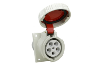 IEC 60309 (6h) 3 PHASE OUTLET, 100A-380/415V (400 VOLT) UL/CSA, 125A-220/380V - 240/415V (400 V0LT) EUROPEAN, WATERTIGHT (IP67) UNIVERSAL APPROVED PANEL/SURFACE MOUNT ANGLED PIN & SLEEVE OUTLET, 4 POLE-5 WIRE GROUNDING (3P+N+E), NYLON BODY (POLYAMIDE 6),  OPERATING TEMP. = -25C TO +90C, 90mmX90mm C TO C MOUNTING, RED. CERTIFICATIONS: REACH, RoHS, CE.