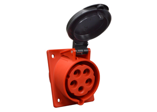 IEC 60309 (6h) 3 PHASE OUTLET, 30 AMPERE-200/415 VOLT C(UL)US, 32 AMPERE-220/380 - 240/415 VOLT OVE, SPLASHPROOF (IP44) UNIVERSAL APPROVED ANGLED PANEL MOUNT PIN & SLEEVE OUTLET, 4 POLE-5 WIRE GROUNDING (3P+N+E), NYLON (POLYAMIDE BODY), OPERATING TEMP. = -25C TO +80C, 73.5mmX60mm C TO C MOUNTING. RED. APPROVALS: C(UL)US, OVE. CERTIFICATIONS: REACH, RoHS, CE.