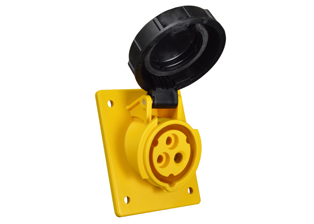 IEC 60309 (4h) PIN & SLEEVE PANEL MOUNT ANGLED RECEPTACLE OUTLET, 20 AMPERE-120 VOLT, WATERTIGHT (IP67), 2 POLE-3 WIRE GROUNDING (2P+E), CEE 17, IEC 309, NYLON (POLYAMIDE BODY), OPERATING TEMP. = -25C TO +80C. 60mmX73mm C TO C MOUNTING. YELLOW. 

<br><font color="yellow">Notes: </font> 
<br><font color="yellow">*</font> 888-1265-NS has internal wiring polarity orientation designed for use in North America and therefore is C(UL)US approved. If point of use for this product is outside North America use our 999 series pin and sleeve devices which meet approvals and polarity requirements for European countries. <a href="https://internationalconfig.com/icc6.asp?item=999-1265-NS" style="text-decoration: none">999 Series Link</a>
<br><font color="yellow">*</font> Scroll down to view additional yellow IEC 60309 (4h) devices listed below in the related products or download the IEC 60309 Pin & Sleeve Brochure to view pin and sleeve devices.