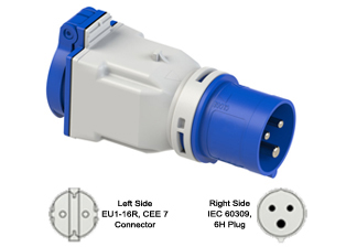 IEC 60309 (6h) CEE 17 PLUG ADAPTER WITH EUROPEAN SCHUKO CEE 7/3 SOCKET (IP44 RATED), SPRING LOADED FLIP LID CLOSURE COVER, 16 AMPERE-250 VOLT, 2 POLE-3 WIRE GROUNDING (2P+E). BLUE COLOR. 

<br><font color="yellow">Notes: </font> 
<br><font color="yellow">*</font> # 888-2126-ADP connects IEC 60309 (6h) (16A-250V) power inlets with European SCHUKO CEE 7/4, CEE 7/7 type E, F, plugs.

<br><font color="yellow">*</font> European Schuko Watertight Extension cords available. View # <a href="https://internationalconfig.com/icc6.asp?item=70025" style="text-decoration: none"> 70025.</a> 
 
<br><font color="yellow">*</font> Adapter #888-2126-UV connects IEC 60309 (6h) (16A-250V) power inlets with Universal, Multi-configuration British BS 1363, European, International, American NEMA plugs. View dimensional data for details.




 