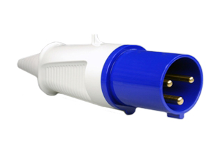 IEC 60309 (6h) 60 AMPERE-250 VOLT UL/CSA, 63 AMPERE-230 VOLT VDE SPLASHPROOF (IP44) UNIVERSAL APPROVED PIN & SLEEVE POWER PLUG, 2 POLE-3 WIRE GROUNDING (2P+E), NYLON BODY (POLYAMIDE 6), OPERATING TEMP. = -25C TO +90C, BLUE. CERTIFICATIONS: REACH, RoHS, CE.