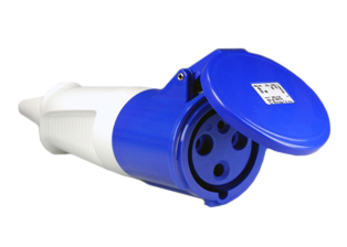 IEC 60309 (6h) 60 AMPERE-250 VOLT UL/CSA, 63 AMPERE-230 VOLT VDE SPLASHPROOF (IP44) UNIVERSAL APPROVED IN-LINE PIN & SLEEVE CONNECTOR, 2 POLE-3 WIRE GROUNDING (2P+E), NYLON BODY (POLYAMIDE 6), OPERATING TEMP. = -25C TO +90C, BLUE. CERTIFICATIONS: REACH, RoHS, CE.