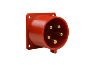 IEC 60309 (6h) 3 PHASE INLET, 30 AMPERE-200/415 VOLT C(UL)US, 32 AMPERE-220/380, 240/415 VOLT OVE, SPLASHPROOF (IP44) UNIVERSAL APPROVED PANEL MOUNT PIN & SLEEVE INLET, 4 POLE-5 WIRE GROUNDING (3P+N+E), NYLON (POLYAMIDE BODY), OPERATING TEMP. = -25C TO +80C, 56mmX56mm C TO C MOUNTING. RED. APPROVALS: C(UL)US, OVE. CERTIFICATIONS: REACH, RoHS, CE. 