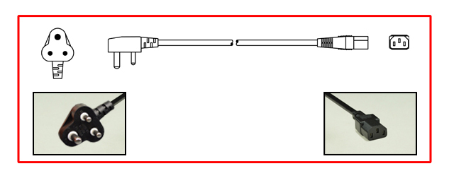 SOUTH AFRICA 5/6 AMPERE-250 VOLT POWER CORD, IEC 60320 C-13 CONNECTOR, TYPE D PLUG, SANS 164-3, BS 546 [UK3-5P], 2 POLE-3 WIRE GROUNDING [2P+E], 2.5 METERS [8FT-2IN] [98"] LONG. BLACK. 
<br><font color="yellow">Length: 2.5 METERS [8FT-2IN]</font>

<br><font color="yellow">Notes: </font> 
<br><font color="yellow">*</font> Type D plug connects with South Africa 5A/6A-250V outlets. 
<br><font color="yellow">*</font> South Africa power cords, outlets, GFCI-RCD receptacles, sockets, plug adapters listed below in related products. Scroll down to view.