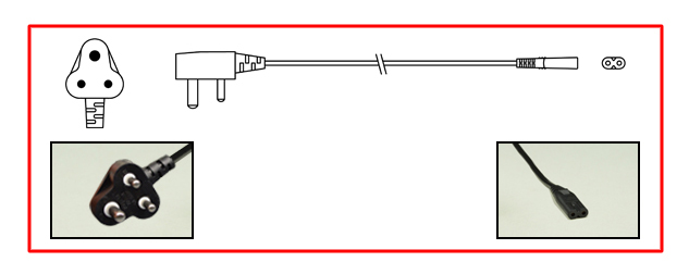 SOUTH AFRICA 2.5 AMPERE-250 VOLT POWER CORD, IEC 60320 C-7 CONNECTOR, TYPE D PLUG, SANS 164-3, BS 546 (UK3-5P), 2 POLE-2 WIRE (2P). BLACK.
<br><font color="yellow">Length: 1.8 METERS (6 FEET)</font>

<br><font color="yellow">Notes: </font> 
<br><font color="yellow">*</font> Type D plug connects with South Africa 5A/6A-250V outlets. 
<br><font color="yellow">*</font> South Africa power cords, outlets, GFCI-RCD receptacles, sockets, plug adapters listed below in related products. Scroll down to view.