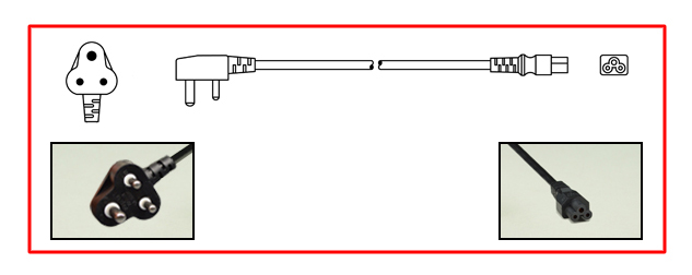 SOUTH AFRICA 2.5 AMPERE-250 VOLT POWER CORD, IEC 60320 C-5 CONNECTOR, TYPE D PLUG, SANS 164-3, BS 546 (UK3-5P), 2 POLE-3 WIRE GROUNDING (2P+E). BLACK.
<br><font color="yellow">Length: 1.8 METERS (6 FEET)</font>

<br><font color="yellow">Notes: </font> 
<br><font color="yellow">*</font> Type D plug connects with South Africa 5A/6A-250V outlets. 
<br><font color="yellow">*</font> South Africa power cords, outlets, GFCI-RCD receptacles, sockets, plug adapters listed below in related products. Scroll down to view.

 