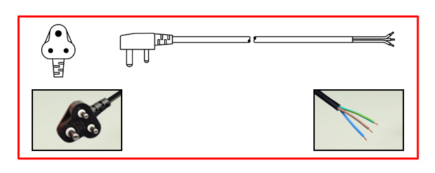 SOUTH AFRICA 5/6 AMPERE-250 VOLT POWER SUPPLY CORD, TYPE D PLUG, SANS 164-3, BS 546 [UK3-5P], 2 POLE-3 WIRE GROUNDING (2P+E), STRIPPED ENDS, 2.5 METERS [8FT-2IN] [98"] LONG. BLACK. 
<br><font color="yellow">Length: 2.5 METERS [8FT-2IN]</font>

<br><font color="yellow">Notes: </font> 
<br><font color="yellow">*</font> Type D plug connects with South Africa 5A/6A-250V outlets. 
<br><font color="yellow">*</font> South Africa power cords, outlets, GFCI-RCD receptacles, sockets, plug adapters listed below in related products. Scroll down to view.

 