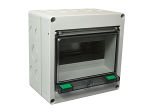 EUROPEAN, UK, INTERNATIONAL WEATHERPROOF 8 MODULE SURFACE MOUNT IP54 RATED CIRCUIT BREAKER ENCLOSURE. ACCEPTS 35 mm DIN RAIL MOUNTED OVERLOAD & GFCI (RCD) BREAKERS, TEMP. RATING = -40°C TO +70°C. GRAY. CE MARK.

<br><font color="yellow">Notes: </font> 
<br><font color="yellow">*</font> IP65 rating available (use IP68 connectors listed on catalog page #210).
<br><font color="yellow">*</font> Combination PE / Neutral termination strip and extra space filler blanks included.