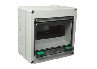 EUROPEAN, UK, INTERNATIONAL WEATHERPROOF 8 MODULE SURFACE MOUNT IP54 RATED CIRCUIT BREAKER ENCLOSURE. ACCEPTS 35 mm DIN RAIL MOUNTED OVERLOAD & GFCI (RCD) BREAKERS, TEMP. RATING = -40C TO +70C. GRAY. CE MARK.

<br><font color="yellow">Notes: </font> 
<br><font color="yellow">*</font> IP65 rating available (use IP68 connectors listed on catalog page #210).
<br><font color="yellow">*</font> Combination PE / Neutral termination strip and extra space filler blanks included.