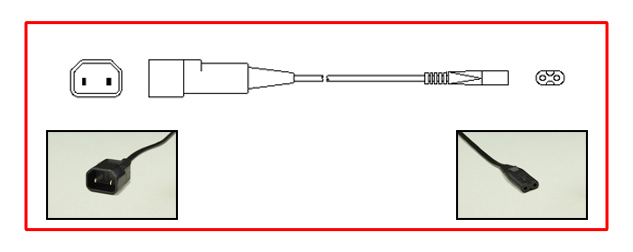 IEC 60320 C-18, C-7 ADAPTER CORD, 2.5 AMPERE-250 VOLT, 2 POLE-2 WIRE, 2x0.75mm2 CONDUCTORS, O.D. 3.4X5, 6mm, 8.0 METERS [26FT-3IN] [315"] LONG. BLACK.
<br><font color="yellow">Length: 8.0 METERS [26FT-3IN]</font>

<br><font color="yellow">Notes: </font> 
<br><font color="yellow">*</font> C18 plug connects IEC 60320 C13 type connectors to IEC 60320 C8 inlets.