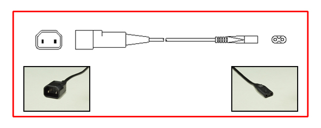 IEC 60320 C-18, C-7 ADAPTER CORD, 2.5 AMPERE-250 VOLT, 2 POLE-2 WIRE, 2x0.75mm2 CONDUCTORS, O.D. 3.4X5, 0.3 METERS (1 FOOT) (12") LONG. BLACK.
<br><font color="yellow">Length: 0.3 METERS (1 FOOT)</font>

<br><font color="yellow">Notes: </font> 
<br><font color="yellow">*</font> C18 plug connects IEC 60320 C13 type connectors to IEC 60320 C8 inlets.