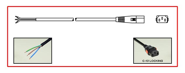 <font color="red">LOCKING</font> IEC 60320 C-13 10 AMPERE-250 VOLT POWER SUPPLY CORD, VDE LISTED, IEC 60320 <font color="red">LOCKING C-13 CONNECTOR</font>, H05VV-F 1.0mm2 CONDUCTORS, 70C, 2 POLE-3 WIRE GROUNDING [2P+E], STRIPPED ENDS, 2.5 METERS [8FT-2IN] [98"] LONG. BLACK.
<br><font color="yellow">Length: 2.5 METERS [8FT-2IN]</font>

<br><font color="yellow">Notes: </font> 
<br><font color="yellow">*</font> Locking C13 connector designed to securely lock onto all C14 inlets, C14 plugs, C14 power cords.
<br><font color="yellow">*</font> IEC 60320 C-13 connector locks onto C14 power inlets or C14 plugs. <font color="red">Red color (slide release latch) unlocks the C-13 connector</font>.
<br><font color="yellow">*</font> IEC 60320 C-13, C14 locking power cords, locking PDU outlet strips, locking C13, C19 outlets are listed below under related products. Scroll down to view.