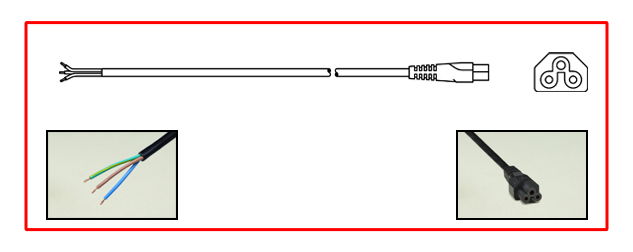 IEC 60320 C-5 POWER CORD, 2.5 AMPERE-250 VOLT, 2 POLE-3 WIRE GROUNDING (2P+E), H03VV-F, STRIPPED ENDS, 1.8 METERS (6 FEET) (72") LONG. BLACK. VDE LISTED. <br><font color="yellow">Length: 1.8 METERS (6 FEET)</font> 