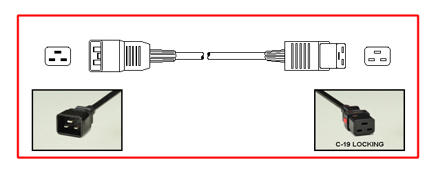 <font color="red">LOCKING</font> IEC 60320 C-19 TO C-20, 15 AMPERE-250 VOLT POWER CORD, C(UL)US APPPROVED, IEC 60320 <font color="RED"> LOCKING C-19 CONNECTOR</font>, IEC 60320 C-20 PLUG, 14/3 AWG SJT 105C, 2 POLE-3 WIRE GROUNDING (2P+E), 3.66 METERS (12 FEET) (144") LONG. BLACK.
<br><font color="yellow">Length: 3.66 METERS (12 FEET)</font> 

<br><font color="yellow">Notes: </font> 
<br><font color="yellow">*</font> Locking C19 connector designed to securely lock onto all C20 inlets, C20 plugs, C20 power cords.
<br><font color="yellow">*</font> IEC 60320 C-19 connector locks onto C-20 power inlets or C-20 plugs. (<font color="red"> Red color (slide release latch) unlocks the C-19 connector.</font>)
<br><font color="yellow">*</font> IEC 60320 C-19, C-20 locking power cords, locking PDU outlet strips, locking C-19 outlets are listed below in related products. Scroll down to view.
