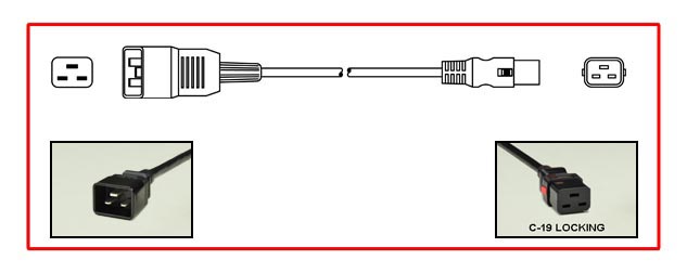 <font color="red">LOCKING</font> IEC 60320 C-19 TO C-20, 15 AMPERE-250 VOLT POWER CORD, C(UL)US APPPROVED, IEC 60320 <font color="RED"> LOCKING C-19 CONNECTOR</font>, IEC 60320 C-20 PLUG, 14/3 AWG SJT 105C, 2 POLE-3 WIRE GROUNDING (2P+E), 3.66 METERS (12 FEET) (144") LONG. BLACK.
<br><font color="yellow">Length: 3.66 METERS (12 FEET)</font> 

<br><font color="yellow">Notes: </font> 
<br><font color="yellow">*</font> Locking C19 connector designed to securely lock onto all C20 inlets, C20 plugs, C20 power cords.
<br><font color="yellow">*</font> IEC 60320 C-19 connector locks onto C-20 power inlets or C-20 plugs. (<font color="red"> Red color (slide release latch) unlocks the C-19 connector.</font>)
<br><font color="yellow">*</font> IEC 60320 C-19, C-20 locking power cords, locking PDU outlet strips, locking C-19 outlets are listed below in related products. Scroll down to view.