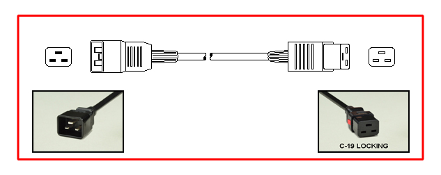 <font color="red">LOCKING</font> IEC 60320 C-19 TO C-20, 15/16 AMPERE-250 VOLT POWER CORD, UNIVERSAL APPROVALS (C(UL)US, VDE, TUV), IEC 60320 <font color="RED"> LOCKING C-19 CONNECTOR</font>, IEC 60320 C-20 PLUG, 15/3 AWG SJTO - H05VV-F, 1.5mm², 105°C, 2.5 METERS [8FT-2IN] [98"] LONG, 2 POLE-3 WIRE GROUNDING [2P+E]. BLACK. 
<br><font color="yellow">Length: 2.5 METERS [8FT-2IN]</font>

<br><font color="yellow">Notes: </font> 
<br><font color="yellow">*</font> Locking C19 connector designed to securely lock onto all C20 inlets, C20 plugs, C20 power cords.
<br><font color="yellow">*</font> IEC 60320 C-19 connector locks onto C-20 power inlets or C-20 plugs. (<font color="red"> Red color (slide release latch) unlocks the C-19 connector.</font>)
<br><font color="yellow">*</font> IEC 60320 C-19, C-20 locking power cords, locking PDU outlet strips, locking C-19 outlets are listed below in related products. Scroll down to view.