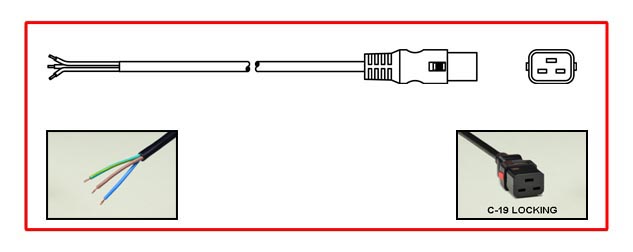 <font color="red">LOCKING</font> IEC 60320 C-19 POWER SUPPLY CORD, UNIVERSAL APPROVALS: C(UL)US, TUV, 15/16 AMPERE-250 VOLT, IEC 60320 <font color="RED"> LOCKING C-19 CONNECTOR</font>, 15/3 AWG SJTO - H05VV-F, 1.5 mm, 105C, 2 POLE-3 WIRE GROUNDING [2P+E], 2.5 METERS [8FT-2IN] [98"] LONG. BLACK.
<br><font color="yellow">Length: 2.5 METERS [8FT-2IN]</font> 

<br><font color="yellow">Notes: </font> 
<br><font color="yellow">*</font> Locking C19 connector designed to securely lock onto all C20 inlets, C20 plugs, C20 power cords.
<br><font color="yellow">*</font> IEC 60320 C19 connector locks onto C20 power inlets or C20 plugs. (<font color="red"> Red color (slide release latch) unlocks the C19 connector.</font>)
<br><font color="yellow">*</font> IEC 60320 C19, C20 locking power cords, locking PDU outlet strips, locking C19 outlets are listed below in related products. Scroll down to view.