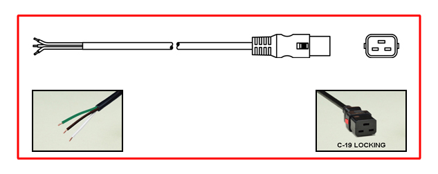 <font color="red">LOCKING</font> IEC 60320 C-19, 20 AMPERE-250 VOLT POWER SUPPLY CORD, C(UL)US APPPROVED, IEC 60320 <font color="RED"> LOCKING C-19 CONNECTOR</font>, 12/3 AWG SJTOW 105C, 2 POLE-3 WIRE GROUNDING [2P+E], STRIPPED ENDS, 2.5 METERS [8FT-2IN] [98"] LONG. BLACK.
<br><font color="yellow">Length: 2.5 METERS [8FT-2IN]</font> 

<br><font color="yellow">Notes: </font> 
<br><font color="yellow">*</font> Locking C19 connector designed to securely lock onto all C20 inlets, C20 plugs, C20 power cords.
<br><font color="yellow">*</font> IEC 60320 C19 connector locks onto C20 power inlets or C20 plugs. (<font color="red"> Red color (slide release latch) unlocks the C19 connector.</font>)
<br><font color="yellow">*</font> IEC 60320 C19, C20 locking power cords, locking PDU outlet strips, locking C19 outlets are listed below in related products. Scroll down to view.